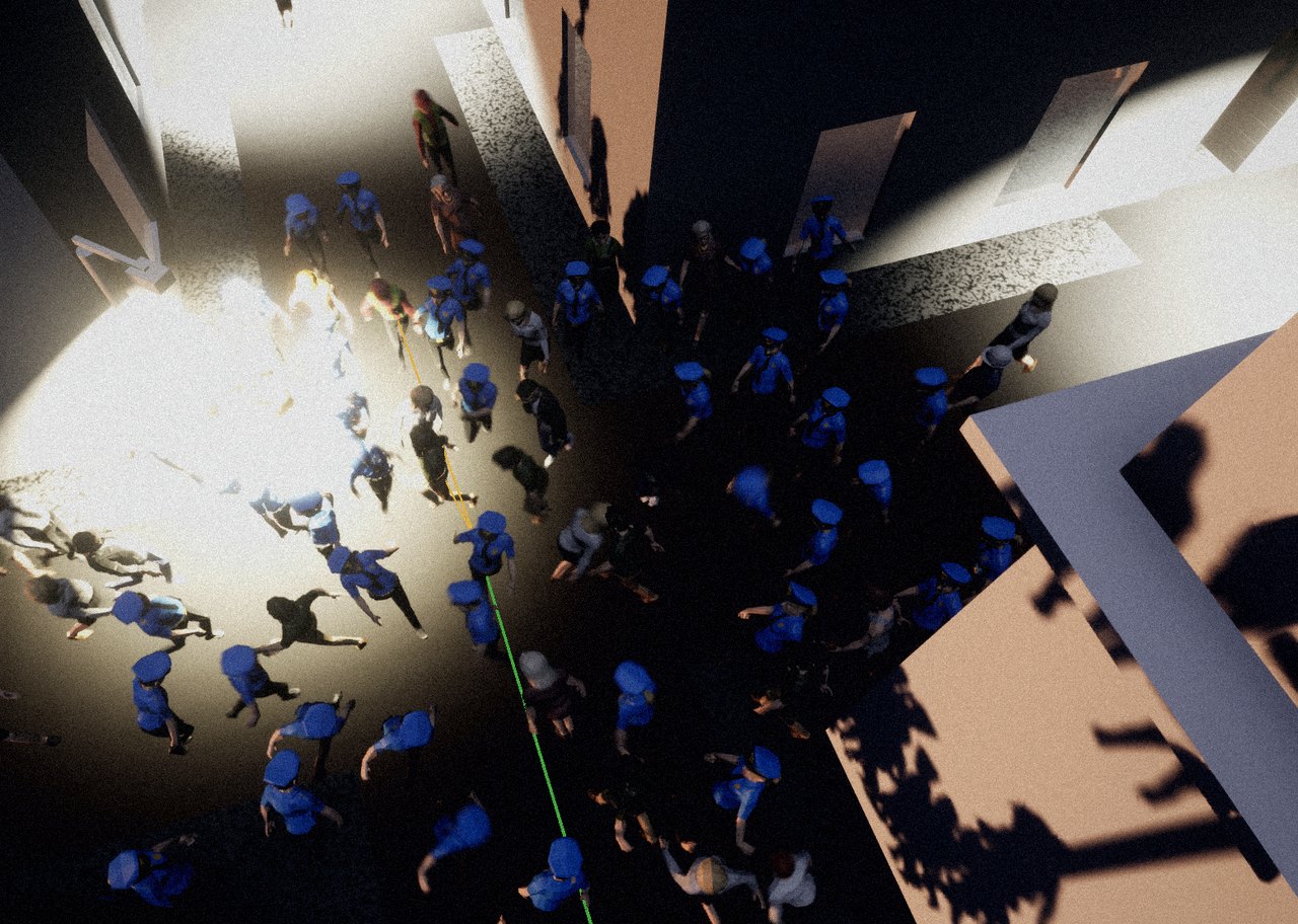 An overhead view of a dense crowd of citizens filling an intersection.