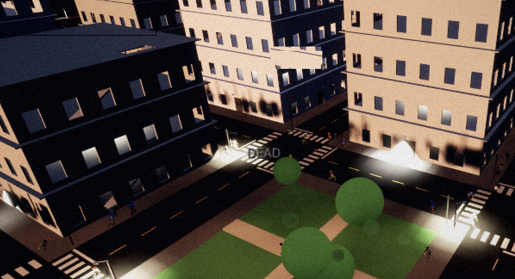 An elevated view of the city at dawn — streets, a central park, and lit buildings.