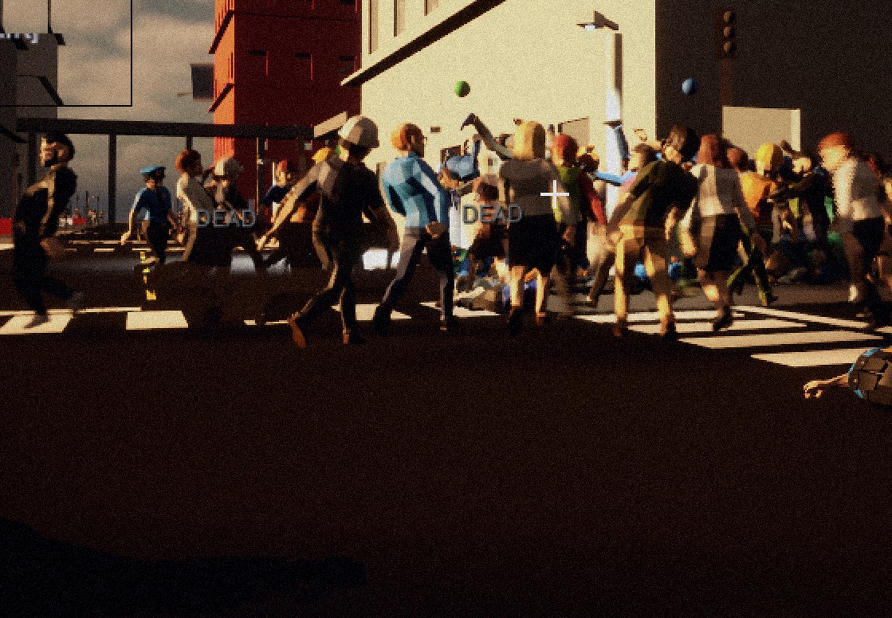 A street crowd in motion mid-conflict, a body in the foreground.